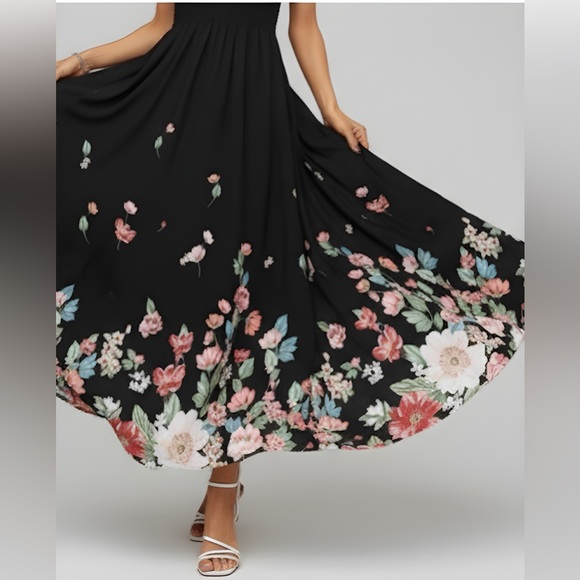 Black Floral Print A- Line Tube Dress - Picture 6 of 12